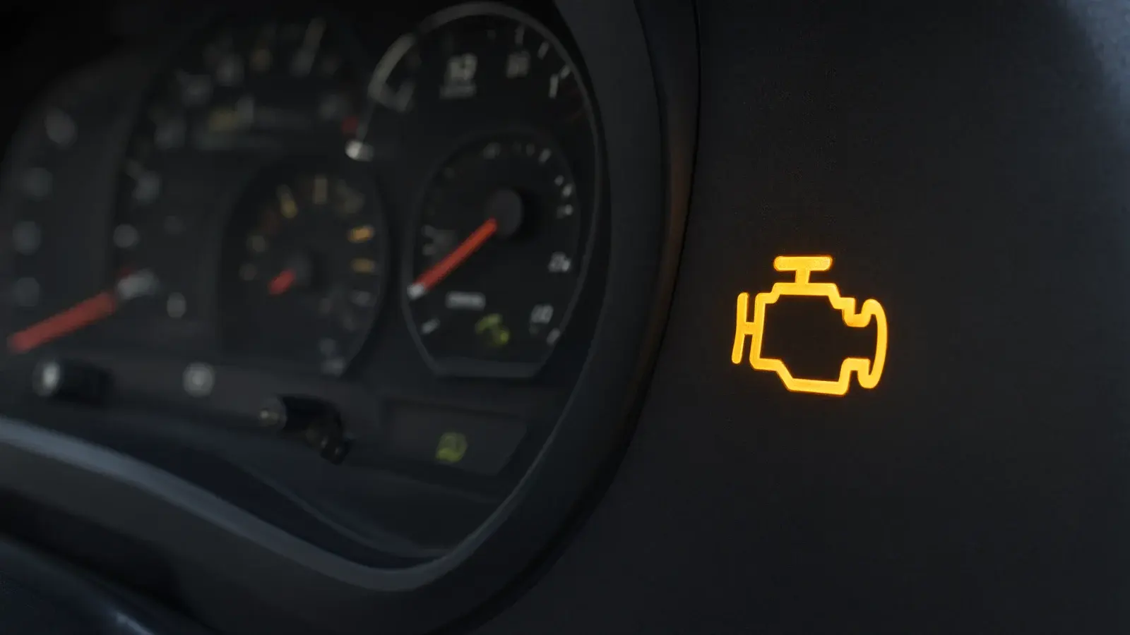 Illustration: amber check engine light on a car dashboard