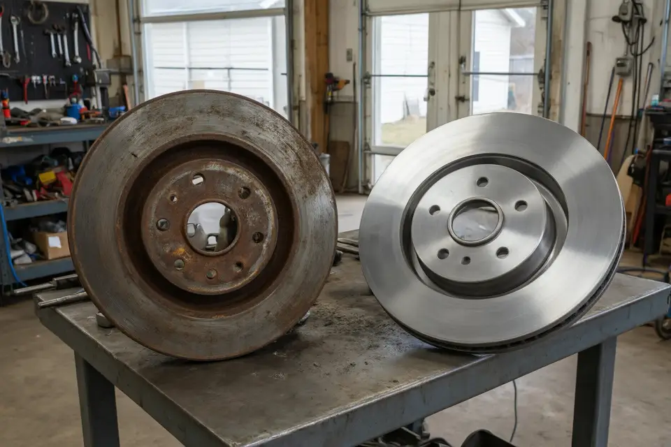 Illustration: worn, rusted brake rotor next to a new rotor