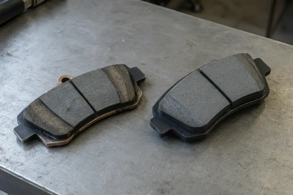 Illustration: worn brake pad next to a new brake pad