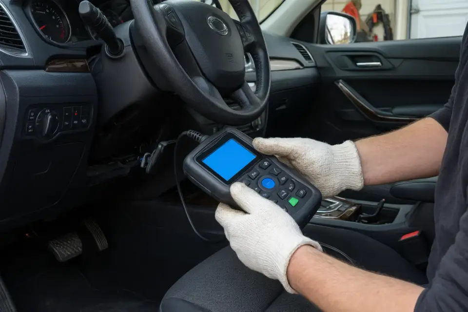 Illustration: scan tool plugged into a car's OBD port under the steering column
