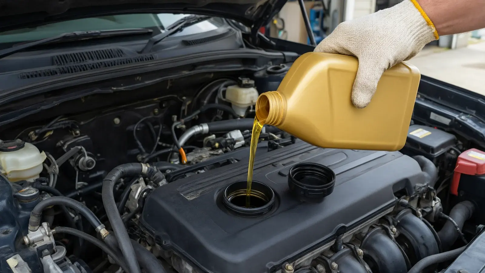 Illustration: fresh motor oil being poured into an engine