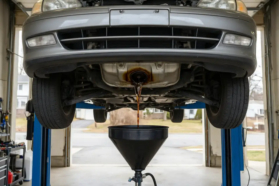 Illustration: used oil draining from a car on a lift