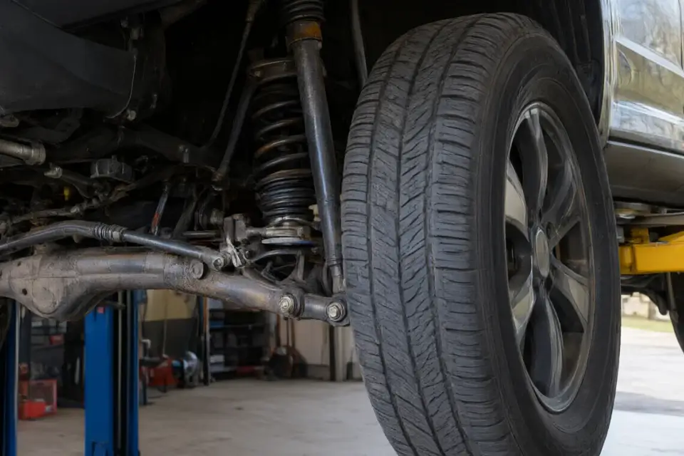 Illustration: front axle and suspension of an off-road SUV on a lift