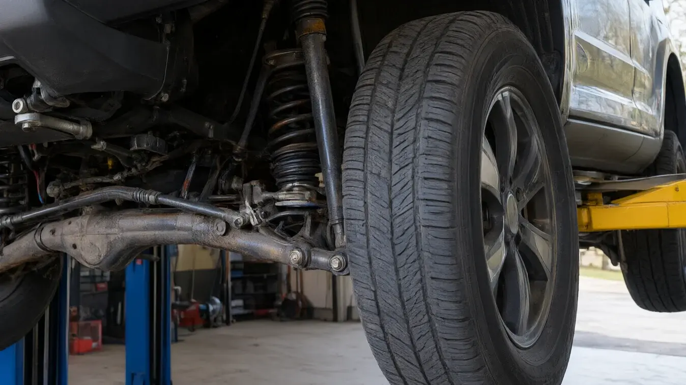 Illustration: front axle and suspension of an off-road SUV on a lift