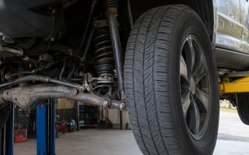 Illustration: front axle and suspension of an off-road SUV on a lift