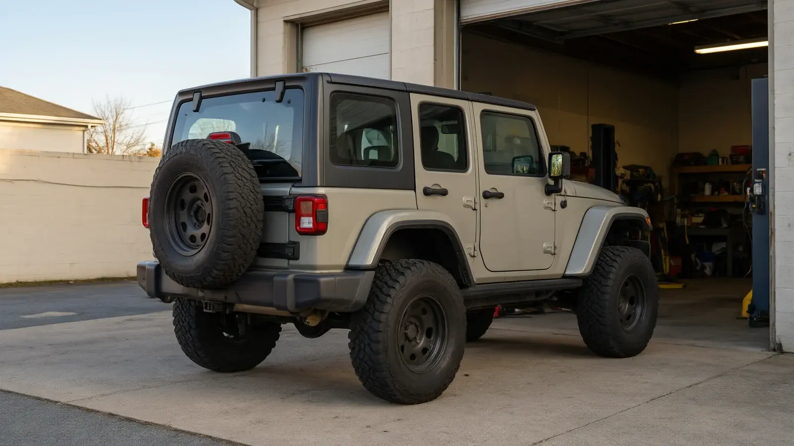 Illustration: lifted off-road SUV with all-terrain tires outside a service bay