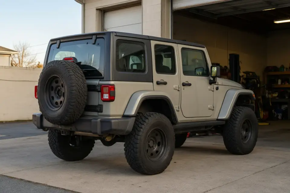 Illustration: lifted off-road SUV with all-terrain tires outside a service bay