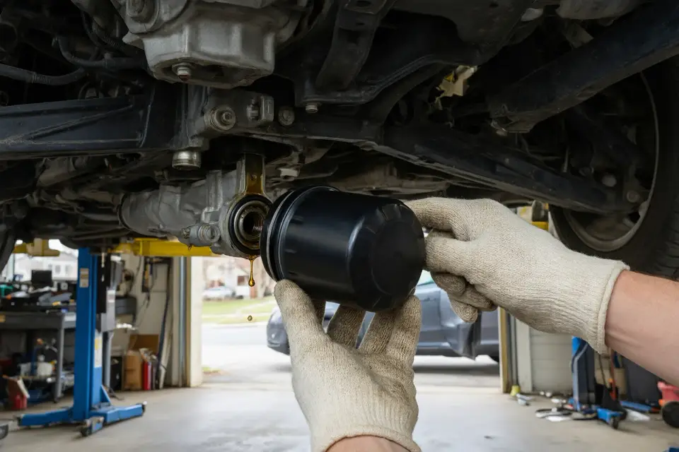 Illustration: oil filter being removed under a car on a lift