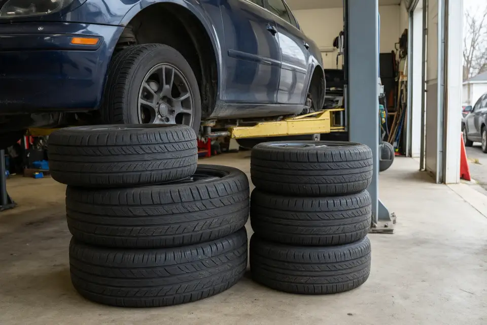 Illustration: tires stacked next to a car on a lift