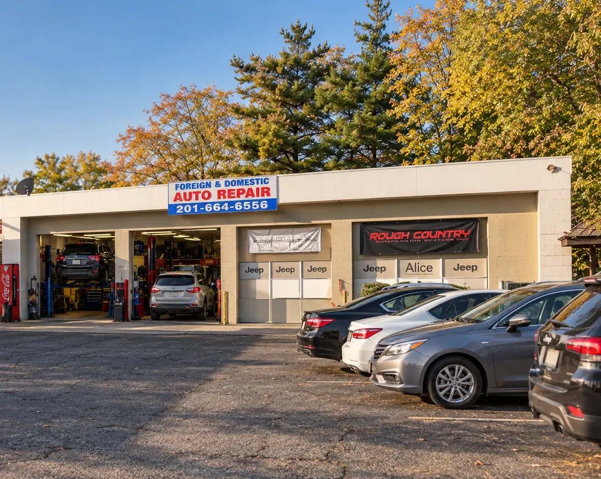 Alice Motorsport service bays and sign on Kinderkamack Road in Westwood, NJ